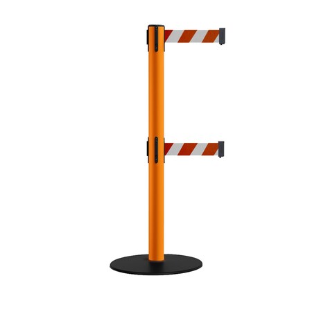 Montour Line Retractable Dbl Belt 2.5" Orange Post , Low Base, 7.5'Rd/Wh Belt S400D-OR-RWD-75